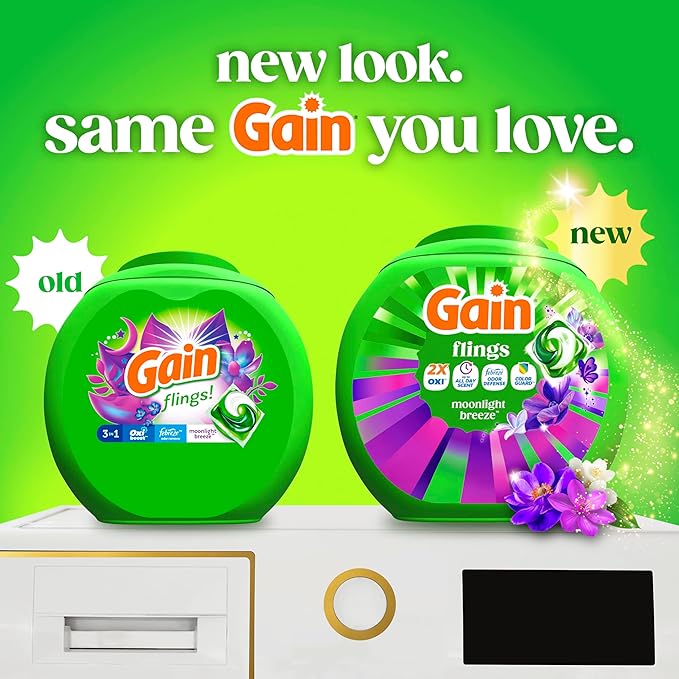 Gain Flings Liquid Washing Detergent Pods with Odor Defense + Color Guard, Moonlight Breeze Scent, 4-In-1 Liquid Laundry Detergent Pacs, Clean & Fresh, 76 Count (Packaging May Vary)
