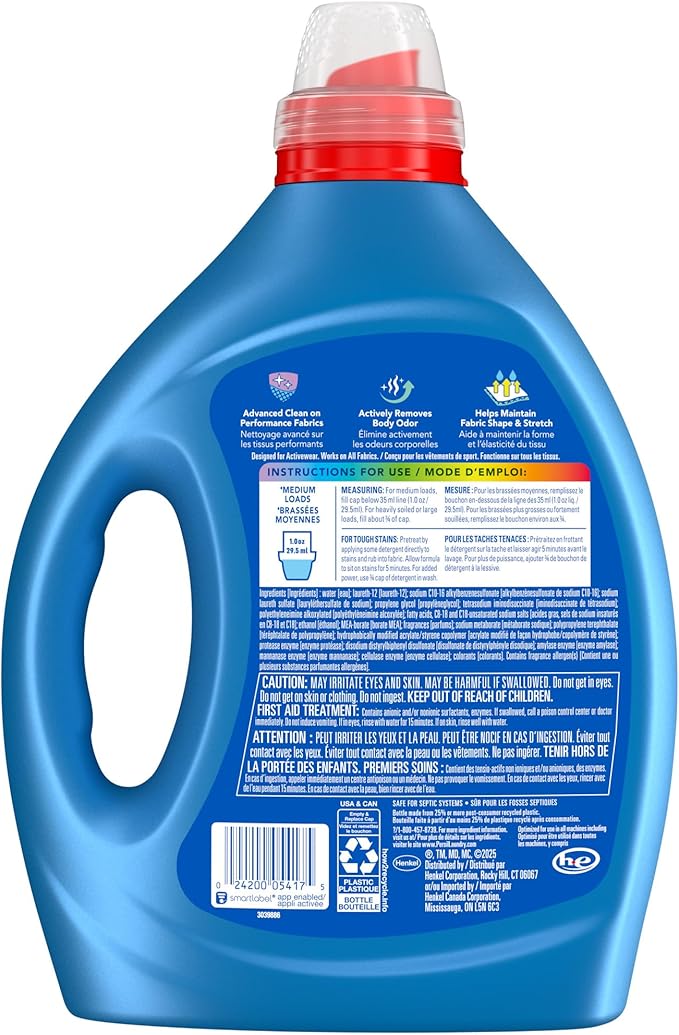Persil Activewear Clean Laundry Detergent Liquid, 82.5 Fl Oz, 82 Loads, Ultra Concentrated Laundry Soap, Helps Fight Stains & Odor, HE Safe (Pack of 2)