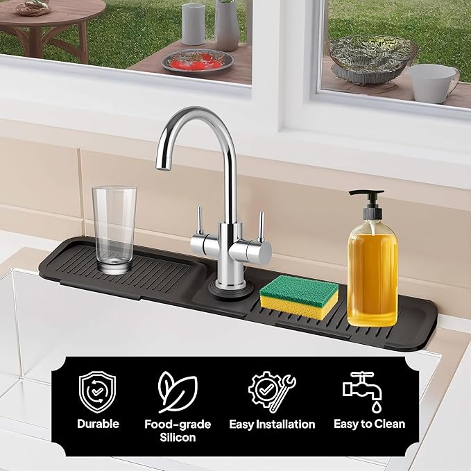 24 Inch Silicone Faucet Mat for Kitchen Sink Longer Splash Guard Behind Faucet Fast Draining 5° Slope Sink Protector Water Catcher Draining Mat Black