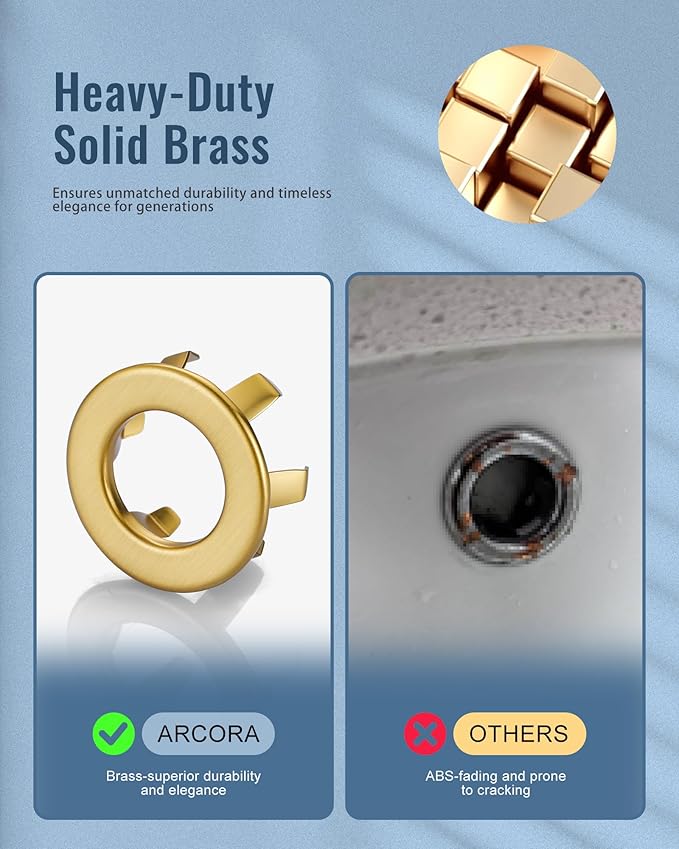 Sink Overflow Ring Brushed Gold: ARCORA 2 Pack Solid Brass Bathroom Vessel Sink Overflow Cover Basin Trim Ring Hole Insert Caps