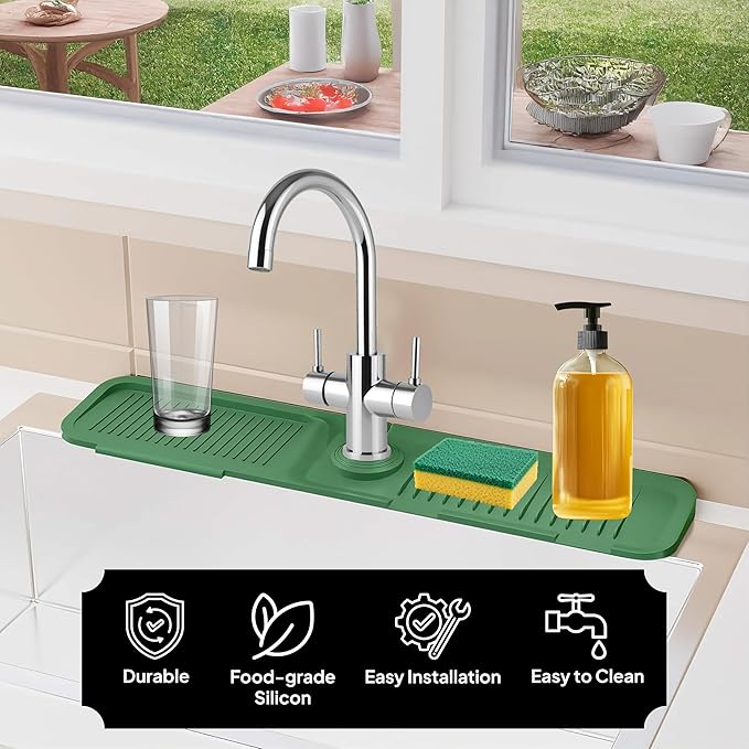 17 Inch Silicone Faucet Mat for Kitchen Sink Splash Guard & Draining Tray Sink Protector with Soap & Sponge Holder Green (Purest Peak)