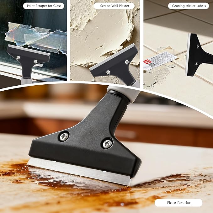 Heavy Duty 4-inch Razor Blade Floor Scraper, 50 Inch Long-Handle, Cleaning Glass Wall Scraper, with 10 Blades, Painting stripping tools, Tile, Floors, Walls