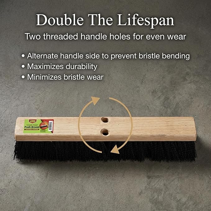 Black Indoor Push Broom Head – Heavy Duty Hardwood Block – Polypropylene Bristles – Deck Scrub Brush – Two Threaded Handle Holes for Better Assist (16")