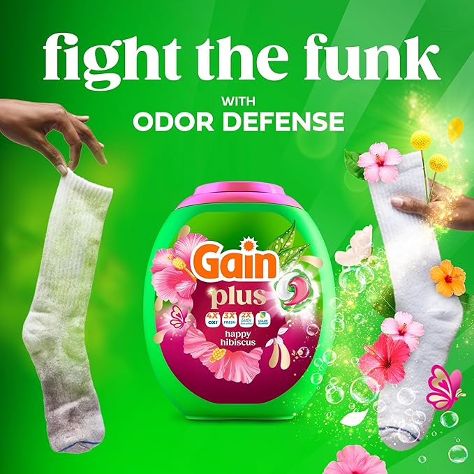 Gain Plus Flings Liquid Washing Detergent Pods, Gain's Best Clean, All-In-One, Happy Hibiscus Scent Laundry Pacs, 45 Count (Packaging May Vary)