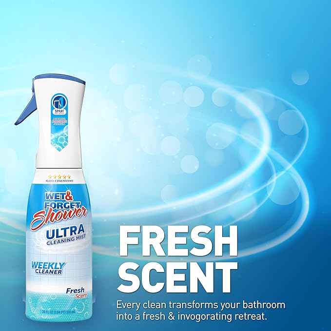 WET & FORGET Shower Ultra Cleaner Mist Fresh Scent No-Scrub Weekly Bathroom Spray for Fiberglass, Tile, Glass, Grout & More, 1 Spray and 1 Refill, 20oz each