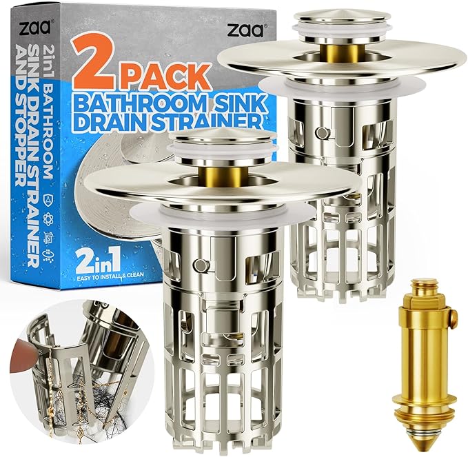 zaa Bathroom Sink Drain Strainer - Bathroom Sink Stopper, 2Pack Pop Up Sink Stopper with Removable Filter Strainer Basket for US Standard Bathroom Sink, Drain Plug Filter Replacement, Nickel
