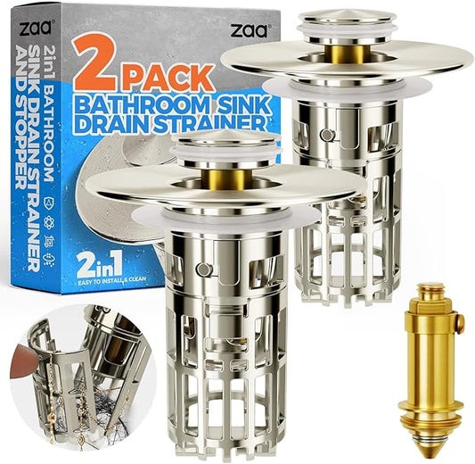 zaa Bathroom Sink Drain Strainer - Bathroom Sink Stopper, 2Pack Pop Up Sink Stopper with Removable Filter Strainer Basket for US Standard Bathroom Sink, Drain Plug Filter Replacement, Nickel
