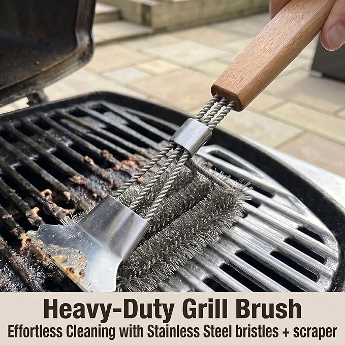 Grill Brush for Outdoor Grill - BBQ Grill Brush Stainless Steel with Scraper &Wooden Handle, Grill Cleaning Brush for Gas/Charcoal Grill, 2-Pack BBQ Cleaning Brush Grill Accessories Gift for Men Dad