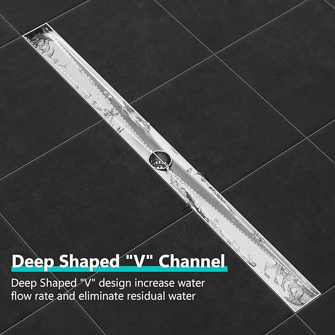 Neodrain 32-Inch Linear Shower Drain with Removable Quadrato Pattern Grate, Brushed 304 Stainless Steel Rectangle Shower Floor Drain, Linear Drain with Leveling Feet,Hair Strainer