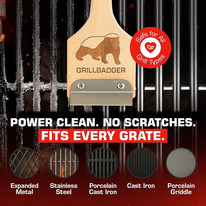 The Original Non Metal Grill Brush for Outdoor Grill | High Temp Heat Resistant BBQ Cleaning Brush | Long Lasting Wooden BBQ Cleaner with Scraper, Safe for Cast Iron Grates - Natural Wood