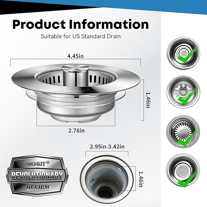 Upgraded 3 in 1 Kitchen Sink Drain Strainer - Stainless Steel Sink Stopper, Anti-Clogging Sink Food Catcher Basket, Fast Drainage Odor Filter Sink Plug for US Standard 3 1/2 inch Drain (Silver-2Pack)