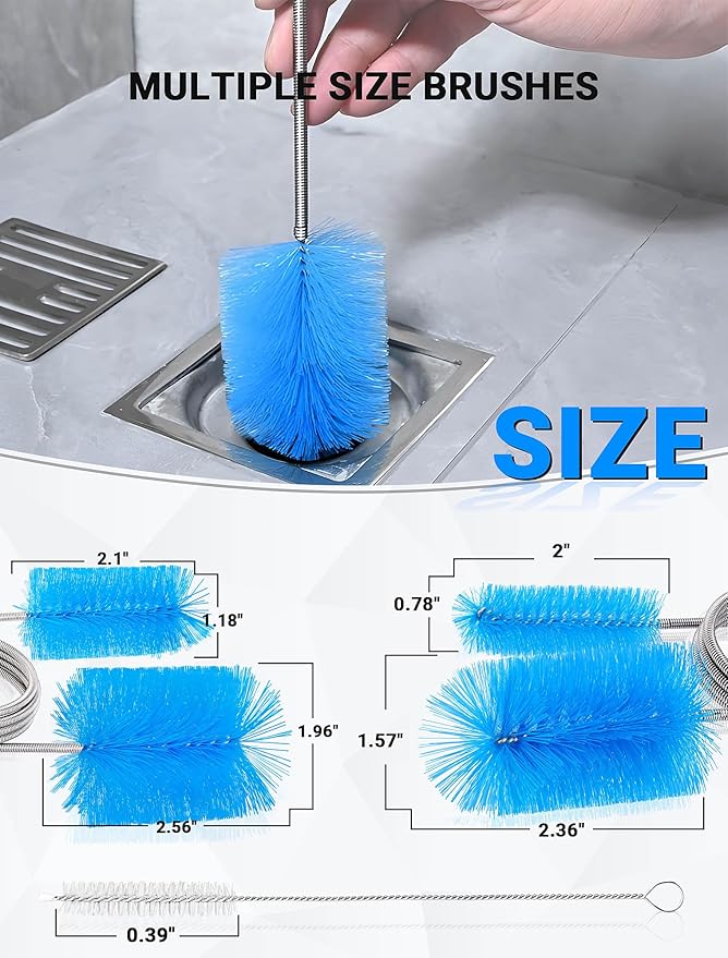 Flexible Long Drain Brush Tool with Large Double Elastic Nylon Ends, Stainless Steel Tube Cleaner Brush for Kitchen, Sink, Drain Pipe, and Long Pipe Cleaning, 2 Straw Cleaning Brushes