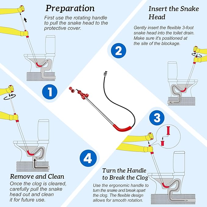 6 Ft Toilet Auger Snake Model K-6P 56658 Toilet Snake for Unclogging with 6-Foot Snake and Bulb Head, Heavy Duty Auger Snake for Unclogging Toilets for Home, Office, School, More