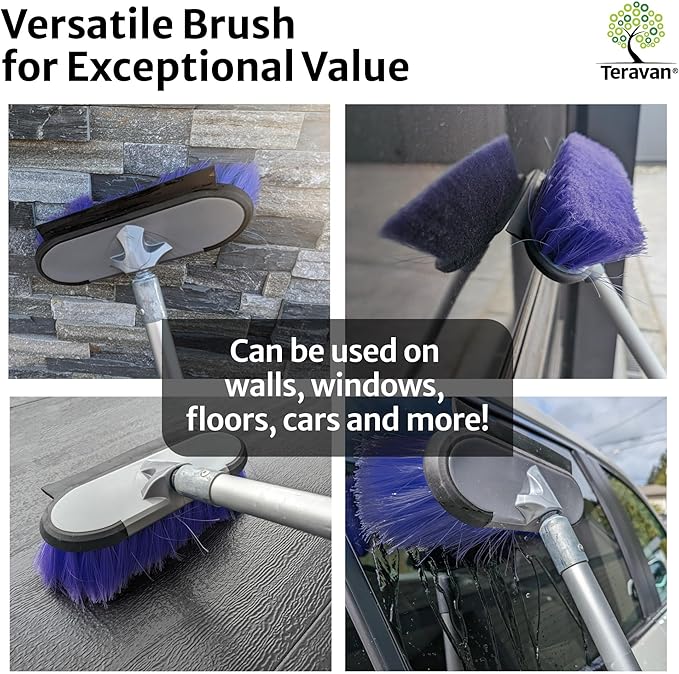 TERAVAN 10" 2 in 1 Water Flow Through Scrub Brush, Car Wash Brush with Built-in Squeegee- Soft Bristle Cleaning Brush for Cars, RVs, Boats, Solar Panels, Patio, Siding, Decks and Windows