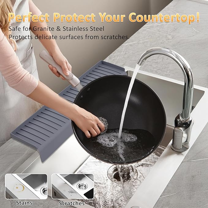 Sink Edge Protector with Suction Cup 4"x14", Silicone Sink Splash Guard for Kitchen & Bathroom, Protect Countertop from Scratches, Stains, for Stainless Steel Granite Quartz-Grey