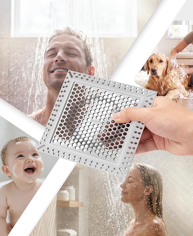 Square Shower Drain Hair Catcher, Flat Shower Drain Hair Catcher, Anti-Clogging Fast Drainage, Anti-Slip & Stays in Place, Easy Clean Fits Bathroom Hair Catcher for Shower (Gray, 4 inch)