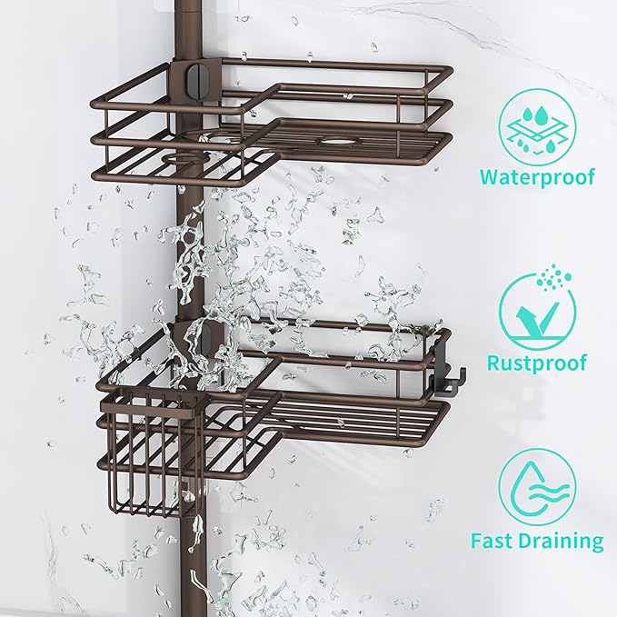 HapiRm Corner Shower Caddy Organizer - Shower Organizer Corner with Soap Holder, Toothbrush Holder and 4 Hooks, Rustproof Bathroom Shelf Tension Pole Available for 27.6 to 108.3 Inch - Bronze