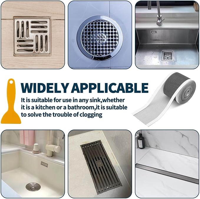 2.75 Inch x 33 FT Disposable Shower Drain Screen Self-Adhesive Stickers, with Cleaning Shovel, Showers Drain Hair Catcher, Shower Drain Mesh Stickers for Bathroom Kitchen Sink