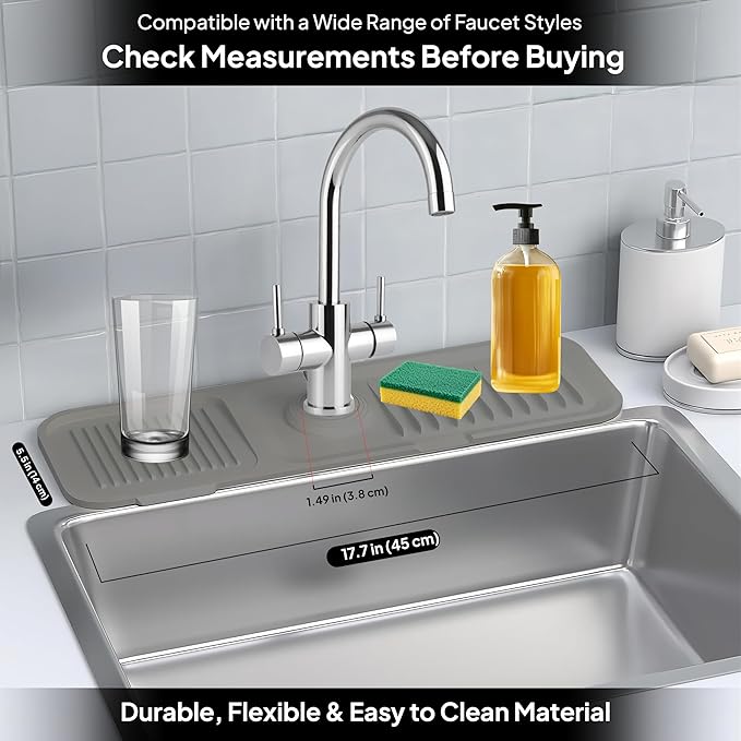 17 Inch Silicone Faucet Mat for Kitchen Sink Splash Guard & Draining Tray Sink Protector with Soap & Sponge Holder Grey (Purest Peak)