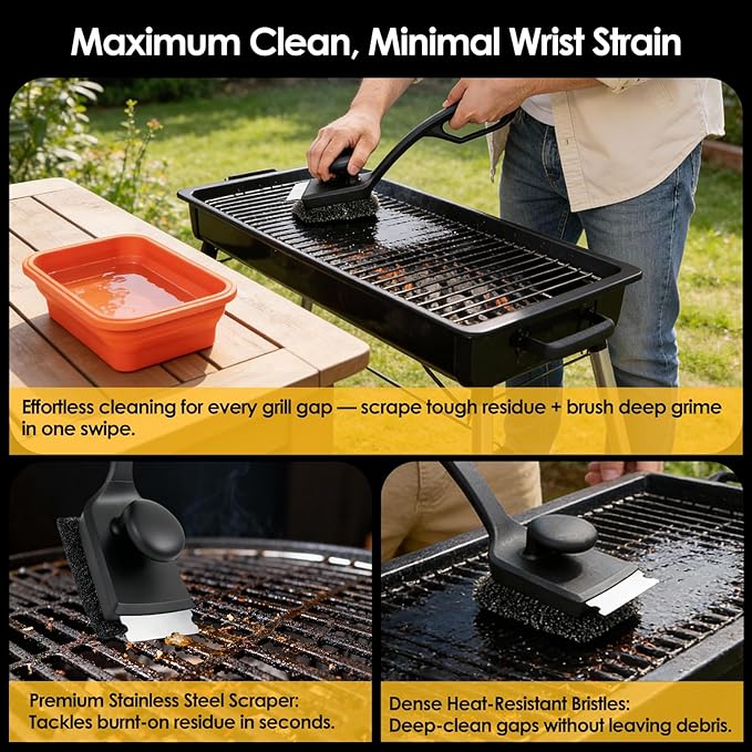 Bristle Free Silicone Grill Brush | BBQ Grill Cleaner for Gas Charcoal Cast Iron Grates | No Wire Food Safe Brush with Detachable Heads, Scraper & Collapsible Water Cup for Outdoor Camping BBQ