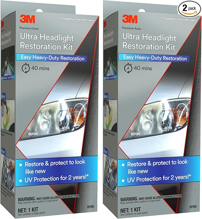 3M Ultra Headlight Restoration Kit 39195, 2 Pack (2 Kits), Removes Cloudy Yellowed Haze, 500/800/3000 Grit Sanding Discs + Clear Coat, For Plastic Lenses