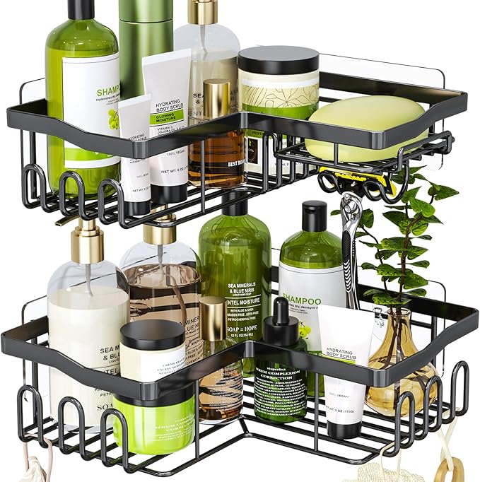 HapiRm Corner Shower Caddy with Shampoo Holder, 2-Pack Shower Organizer Shower Storage Shelf with 11 Hooks, No Drilling Rust Proof Stainless Steel Corner Shower Shelf with 6 Pack Adhesives (Black)