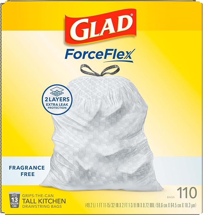Glad ForceFlex Tall Kitchen Drawstring Trash Bags,13 Gal,Fragrance Free,110 Ct (Package May Vary),(Pack of 3)