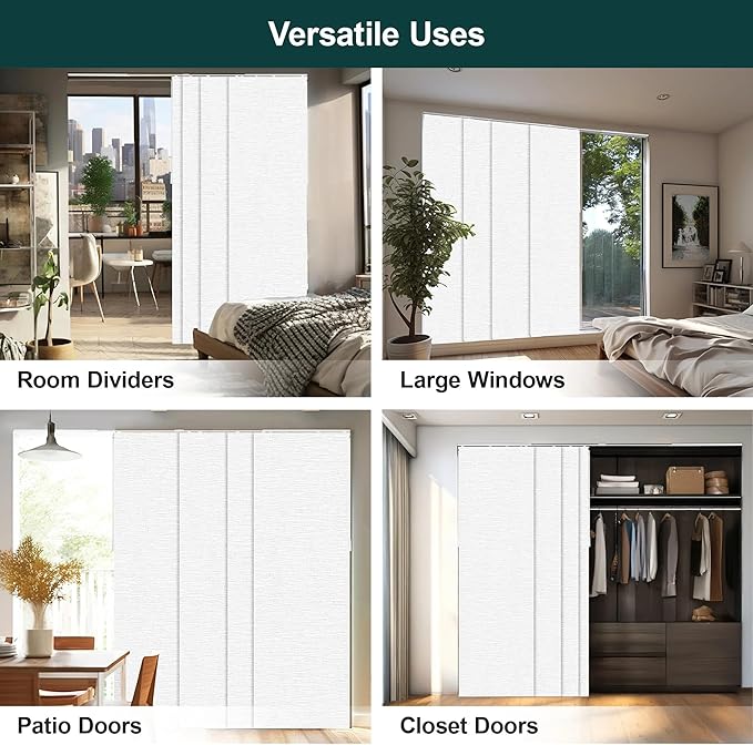 CHICOLOGY Panel Track Blinds for Sliding Glass Doors, 4 Panel Sliding Panels, Adjustable Track 46-86" W, Trimmable Height Up to 96" H, Light Filtering Privacy Room Divider, Chalk White