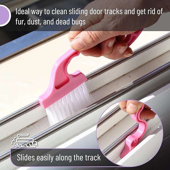 Slick- Window Track Cleaning Brush, 3 Pack, Shades of Pink, Ergonomic Handle, Built-in Scraper, Multipurpose Window Track Cleaning Tools for Faucets, Shower Heads and Drains