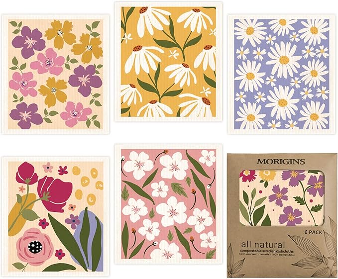 Swedish Dishcloths for Kitchen 6 Pack Flowers Cellulose Sponge Cloths Non Scratch Reusable Paper Towels No Odor, Biodegradable and Reusable Kitchen Dish Rags (Wildflowers)