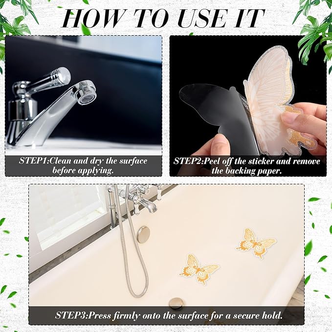 20 Pcs Non Slip Bathtub Stickers Anti Slip Shower Stickers Butterfly Anti Skid Bathtub Decals Adhesive Shower Grips Peel and Stick Treads Applique with Scraper(Gold,Butterfly)