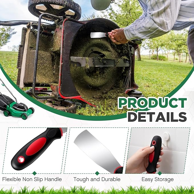2 Pcs 2'' Lawn Mower Maintenance Deck Scrapers Heavy Duty Stainless Steel Lawn Mower Accessories Tool with Rubber Non-Slip Handle for Dead Grass Putty Deck Remover Cleaning, 10.25'' x 2''