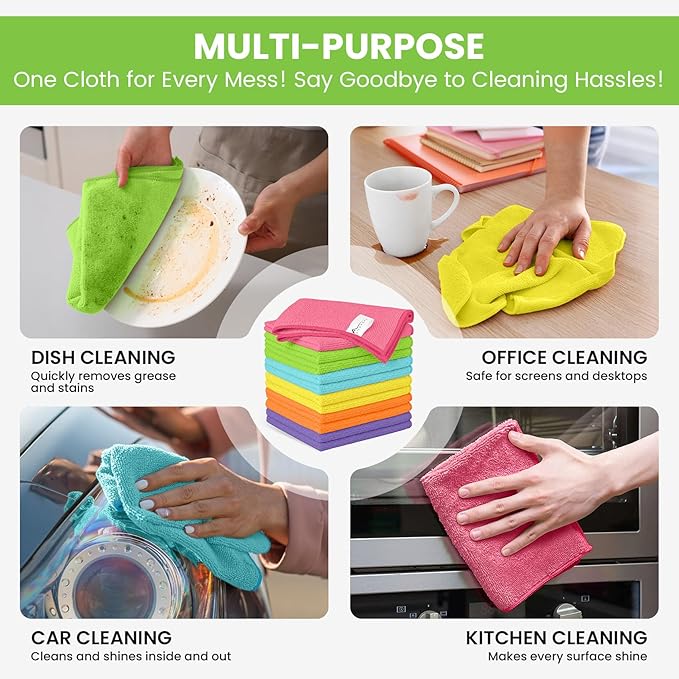 34 Pack Microfiber Cleaning Cloth, 6 Assorted Colors Cleaning Rags for Housekeeping, Colorful Reusable Microfiber Towels for Car, Kitchen, Bathroom and Household Cleaning Supplies, 11.8"X11.8"