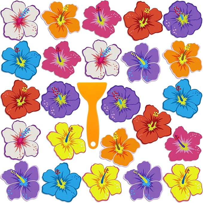 24 Pcs Hawaiian Flowers Non Slip Bathtub Sticker Summer Skidproof Shower Sticker Anti Slip Shower Decal Bathe Treads Adhesive Appliques Scraper Bright Flower Decal for Bathroom Decor