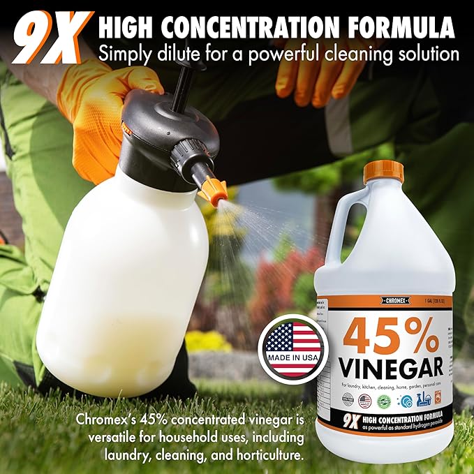 Chromex 45% Ultra Concentrated Vinegar - Dilutes to 9 Gallons - 9x Strength Multi-Purpose Cleaning, Deodorizing, Laundry, Gardening, Descaling, and Drain Cleaning Solution - 1 Gallon