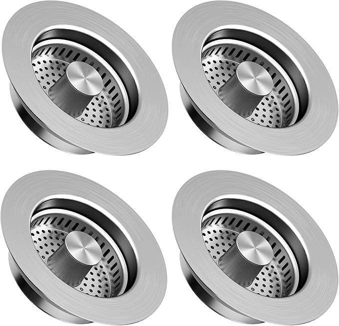 Kitchen Sink Drain Strainer 4 Pack, 304 Stainless Steel Pop Up Sink Stopper, Anti-Clogging Sink Drain Strainer for US Standard Kitchen Drain (SUS304 Brushed)