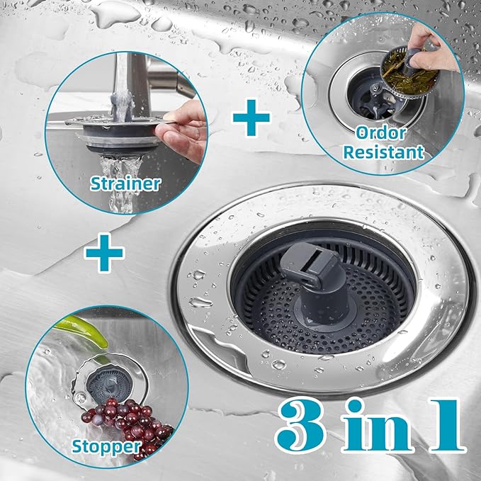 Hibbent 3 in 1 Kitchen Sink Drain Strainer, Stainless Steel Wrapped Shell Drain Stopper Combo, Pop Up Sink Stopper, 3 Anti-Clogging Basket Strainer with Foldable Handle for US Standard 3-1/2" Drain