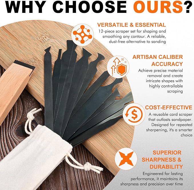 12-Piece Cabinet Scraper Set with Burnisher, 2 Rectangle Wood Scraper, Multi-Shaped Card Scrapers for Woodworking, Precision Wood Scraper Kit for Fine Finishing & Shape Shaping