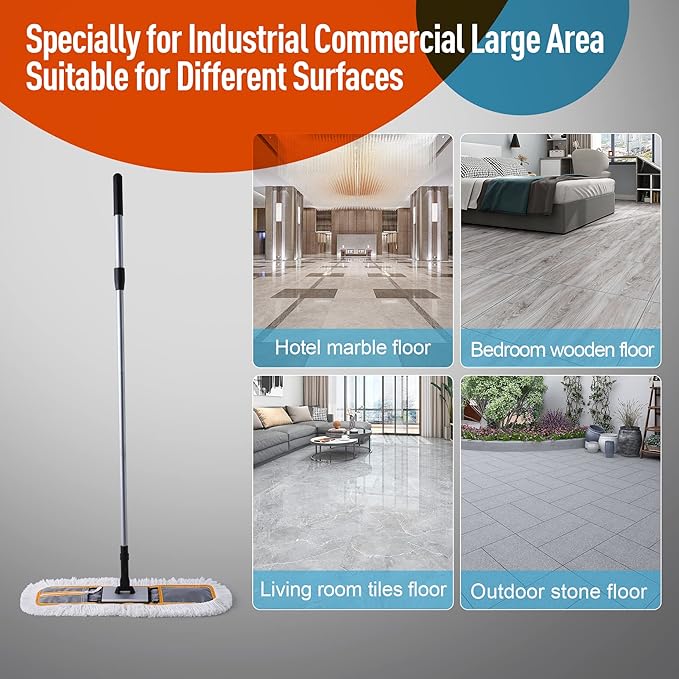 24" Commercial Dust Mop for Floor Cleaning, Heavy Duty Sweeper Broom with 2 Microfiber Mop Pads, Wet and Dry Duster Sweeper Broom for Marble, Laminate, Hardwood Floor Cleaning ,Grey