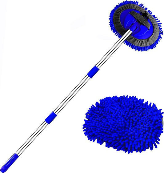 47.5" Car Wash Brush Mop Cleaning Tool with Long Handle Kit for Washing Detailing Cars Truck, SUV, RV, Trailer, Boat 2 in 1 Chenille Microfiber Sponge Duster Not Hurt Paint Scratch Free
