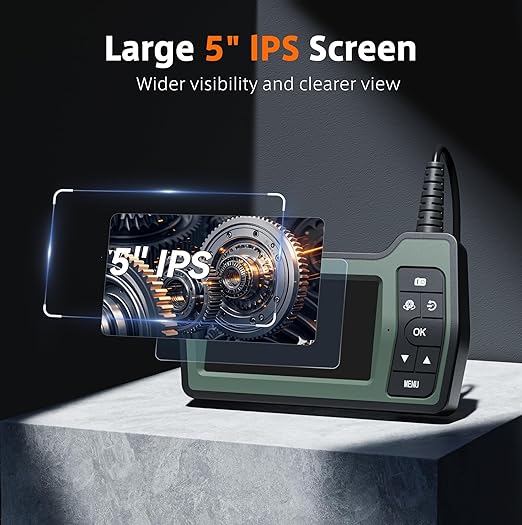 Triple Lens Sewer Camera 50ft | 5" IPS Screen Borescope with Light | 1080P HD Drain Snake Camera for Plumbing Pipe HVAC Inspection Cam + Case Green