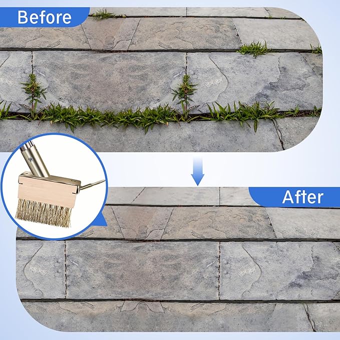 Moss Grout Remover Brush Tool with Detachable 64.9Inch Handle for Outdoor Concrete Deck Pavers Patios Walkways Crevice Cleaning, 2 Pcs Metal Wire Brush Heads with Crack Scraper Weeder Puller