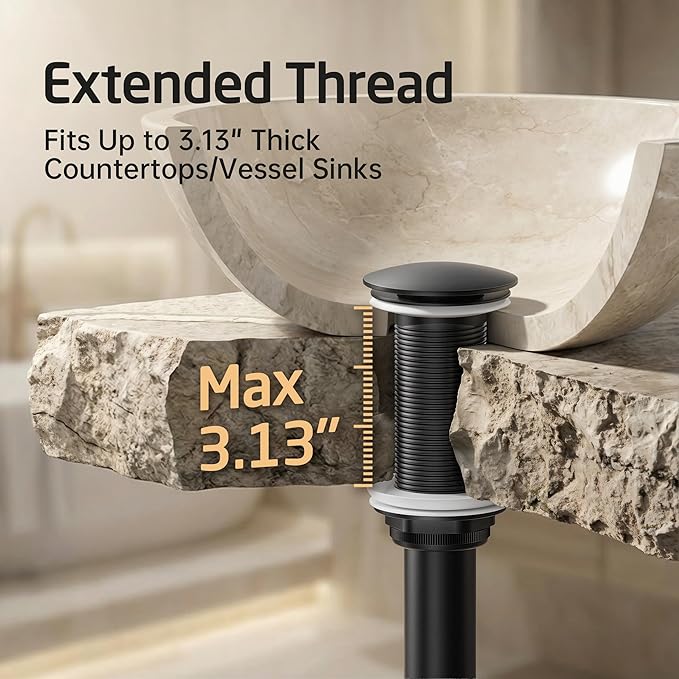 KES Bathroom Sink Drain with Extended Thread, All Metal Pop Up Drain Stopper without Overflow for Thicker Vessel Sinks and Countertops, Brass and Stainless Steel Matte Black, S2022D-BK