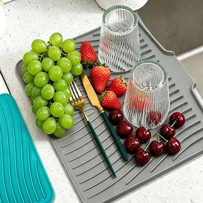 Silicone Dish Drying Mat,Dish Drying Pad,Kitchen Accessories,with Built-In and Non-Slip Drain,Easy Clean, Fit for Kitchen, Bar, RV, Refrigerator and Drawer Liner, 19.7 * 17 in Grey 1PCS by EBIGIC