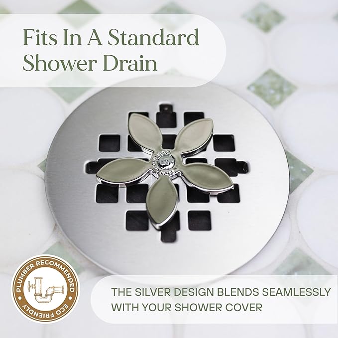 DrainWig Shower Hair Catcher Disposable Drain Protector (Silver Flower, 12 Count)