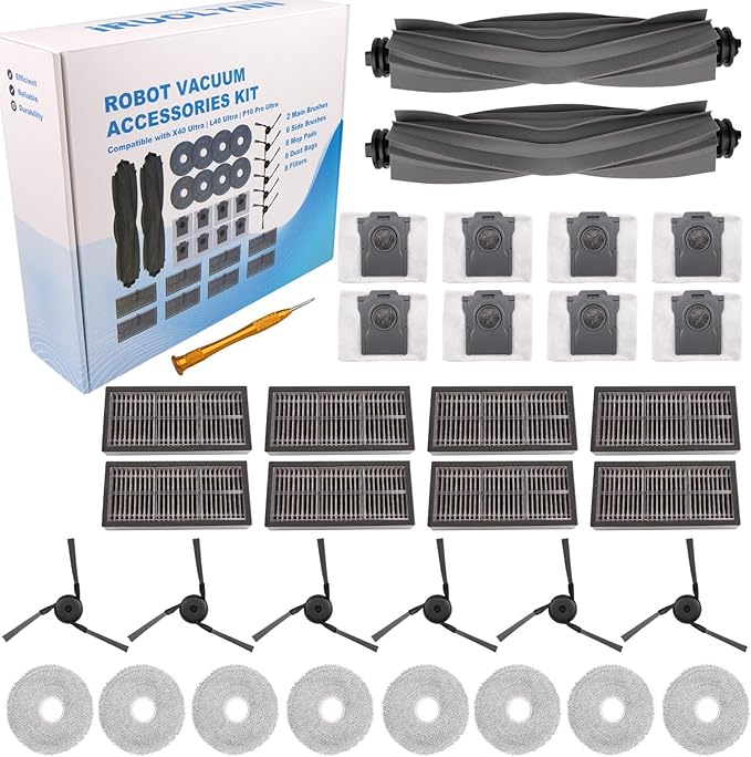 Replacement Accessories Parts Kit Compatible with Dreame L40 Ultra | X40 Ultra | Mova P10 Pro Ultra – 8 Robot Vacuum Dust Bags, 8 Mop Pads, 8 Filters, 6 Side Brushes, 2 Rubber Main Brushes