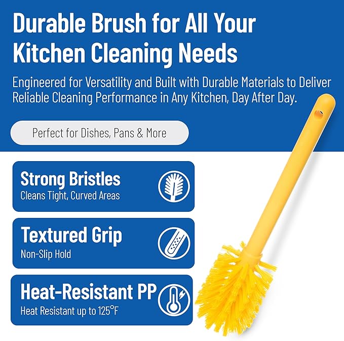 SPARTA Large Water Bottle Brush Ideal for Wide-Mouth Jars, Bottles and Tumblers, Dishwashing Tool with Handle for Home and Commercial Kitchens, Plastic, 12 Inches, Yellow, (Pack of 6)