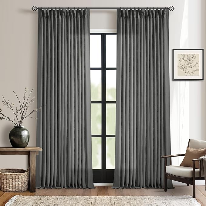 Charcoal Grey Pinch Pleated Linen Curtains 90 Inches Long for Living Room Bedroom 2 Panels Light Filtering Pinch Pleat Hooks Rings Back Tab Dark Grey Modern Farmhouse 90 Inch Window Curtain Drapes