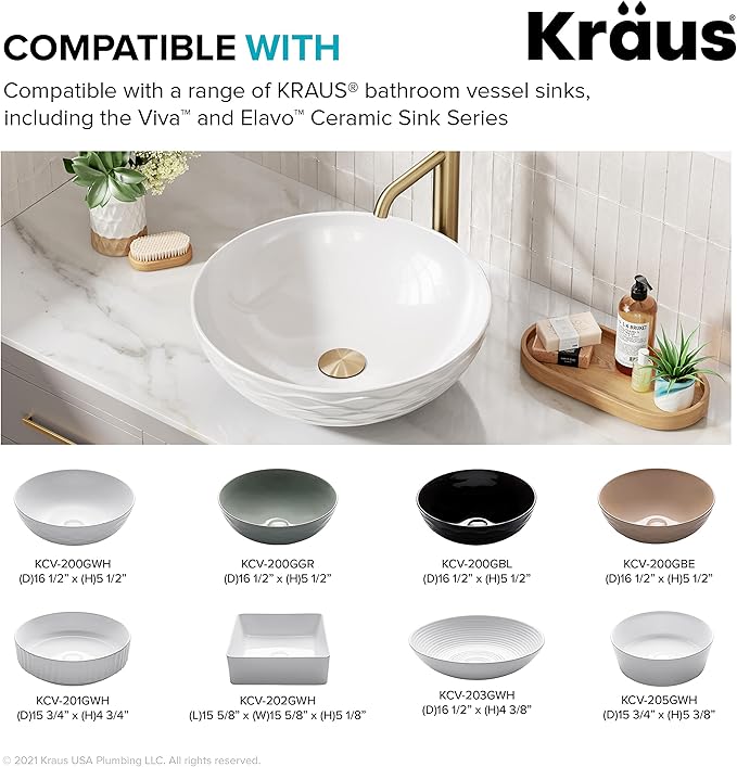 KRAUS Bathroom Sink Pop-Up Drain Assembly in Brushed Gold for Vessel Sinks and Sinks without Overflow, with Extended Thread for Thicker Countertops, PU-L10BG