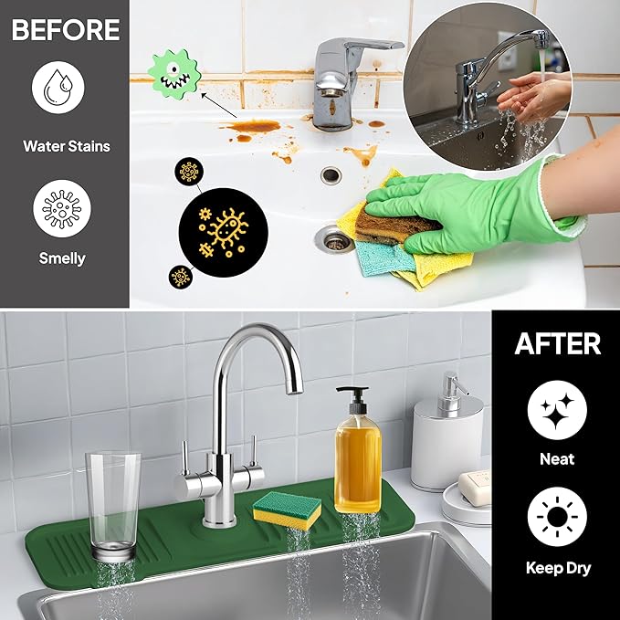 17 Inch Silicone Faucet Mat for Kitchen Sink Splash Guard & Draining Tray Sink Protector with Soap & Sponge Holder Green (Purest Peak)